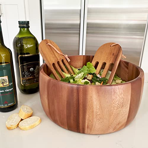 Woodard & Charles Acacia Wood 12" Salad Bowl with Salad Hands (12" x 5" Acacia Wood Bowl with Salad Hands)