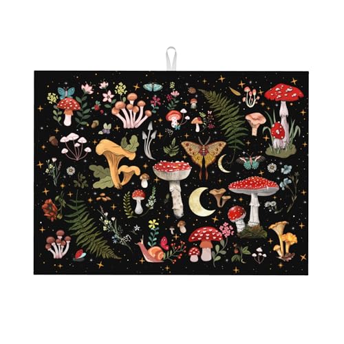 Mushroom Dish Drying Mat for Kitchen Counter 18"x24" Moth Gothic Witchy Dishes Pad Dish Drainer Rack Mats Microfiber Washable Absorbent Kitchen Decor (Mushroom Moth / 18 x 24 inch)