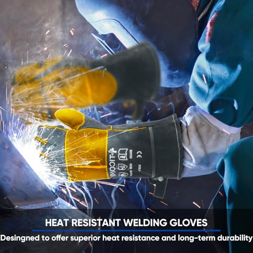 16" Leather Welding Gloves for Men (16" - L / Grey/Yellow)