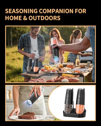 Gravity Electric Salt and Pepper Grinder Set Automatic Shakers Upgraded Pepper Mill with Rechargeable Base (Black Charging Base)