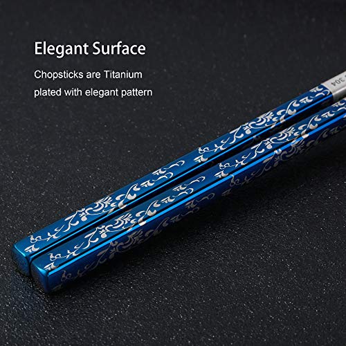 Titanium Plated Chopstick Stainless Steel Chopsticks Metal Chopsticks Reusable Dishwasher safe Premium Laser Engraved Chop Sticks for Eating 2 Pairs Gift Set Blue Silver (Blue silver)