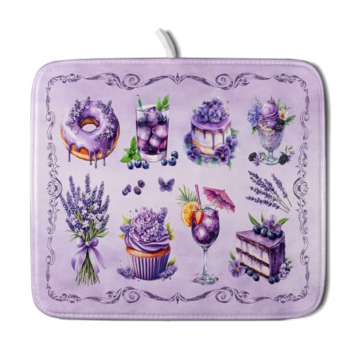 Purple Dish Drying Mats for Kitchen Counter Washable Drying Pad Absorbent Coffee Mat (Dreamy Dessert Purple / 18" x 16")