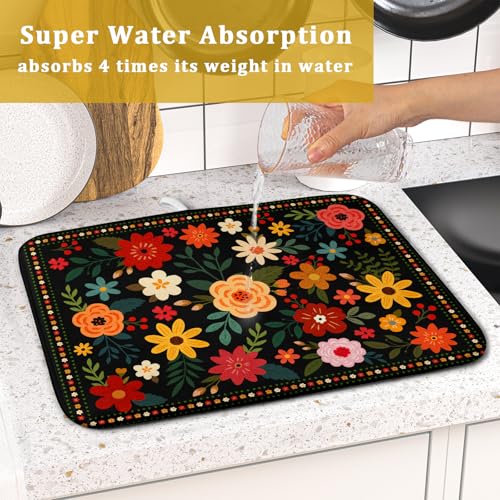 Boho Floral Dish Drying Mat 16x18 Inch Colorful Flower Dishes Dry Mats Absorbent Washable Drainer Rack Pad Protective Kitchen Counter Decor (Black Boho Floral / 16" x 16")