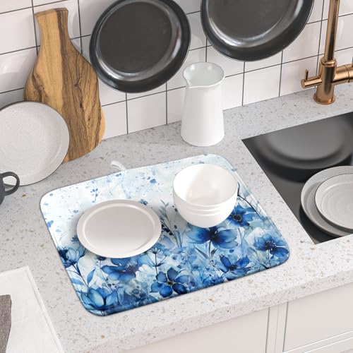 Blue Floral Dish Drying Mat for Kitchen Counter Watercolor Leaves Dishes Drainer Rack Mat Absorbent Microfiber Dish Draining Pad 16x18 Inch (Watercolor Blue Floral / 16" x 18")