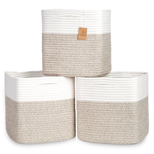 13 Inch Cube Storage Bins Cotton Rope Woven Baskets for Organizing 3 (Off White & Mixed Brown / 13 x 13 x 13 (Standard))