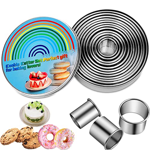 12 Pieces Biscuit Cookie Cutter Set With Tin Box Biscuit Plain Edge Round Cutters Metal Ring Baking Molds (12 Sizes with Tin Box)