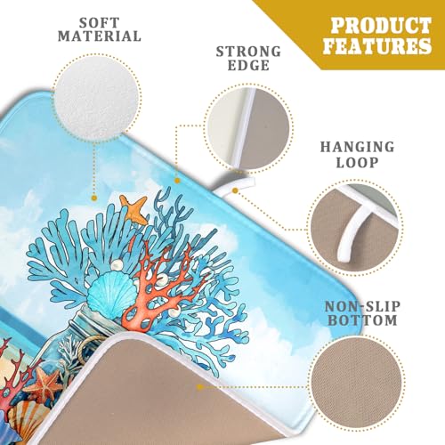 Coastal Coral Dish Drying Mat 16x18 inch Starfish Shell Fast Dry Microfiber Dish Rack Mats Drainer Pad for Countertop Kitchen Table Decor (Coral Vase / 16" x 18")
