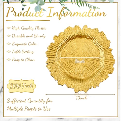 100 Pcs Gold Charger Plates 13 Inch Reef Texture for Wedding (Classic Style / Gold)