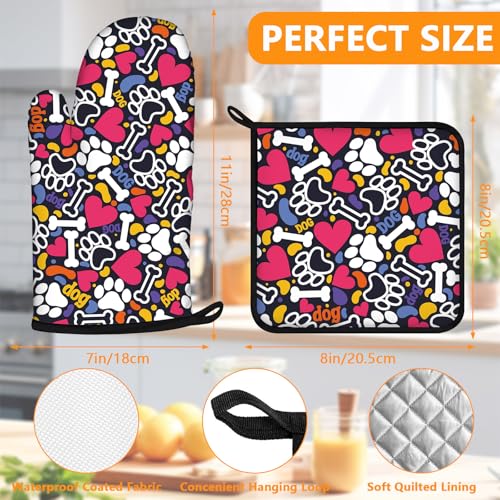 Paw Prints Oven Mitts and Bones Hearts Pot Holders Sets 4Pcs (Paw Prints)