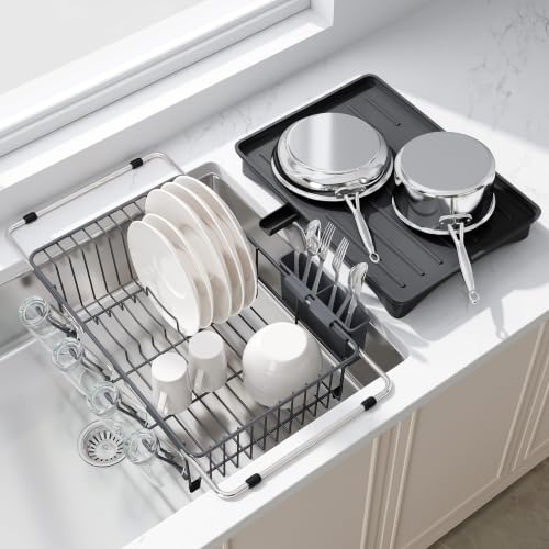 Gray Dish Drying Rack in Sink with Drainboard and Utensil Holder (Dark Gray / For 12"-30"w Sink, with Drainboard)