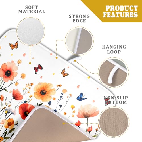 Poppy Flower Dish Drying Mat 16x18 Inch Floral Leaves Dish Drainer Protector Pad Washable Reversible Drying Pad for Kitchen Counter Sink (Poppy Flower / 16" x 18")