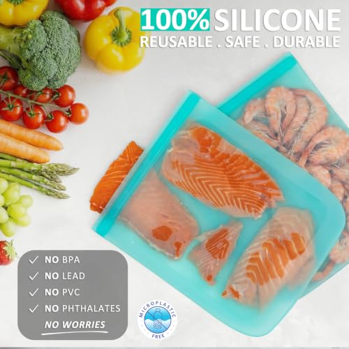 100% Silicone Reusable Gallon Freezer Bags (Aqua| Gallon | 4 Pack Flat)