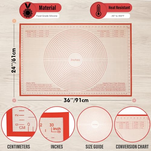 Silicone Pastry Mat 36x24 Inch Nonstick Baking Mat (Red / 36"L x 24"W)