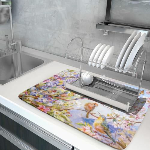 Floral Birds Dish Drying Mat Spring Decoration Absorbent Dish Drain Cloth Mat 18 X 24 for Kitchen Coffee Bar (Colorful Art Birds / 24" x 18")