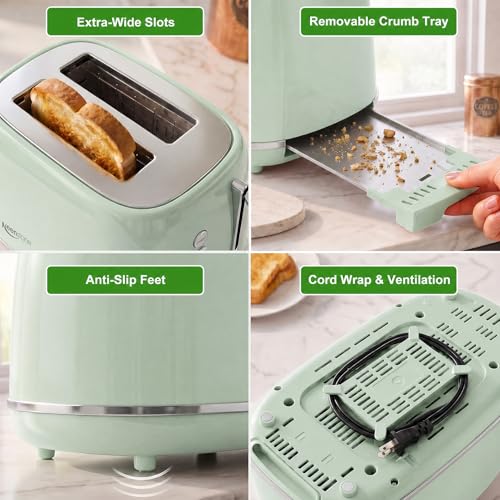 2 Slice Stainless Steel Toaster Retro with 6 Bread Shade Settings (2 Slice / Green)