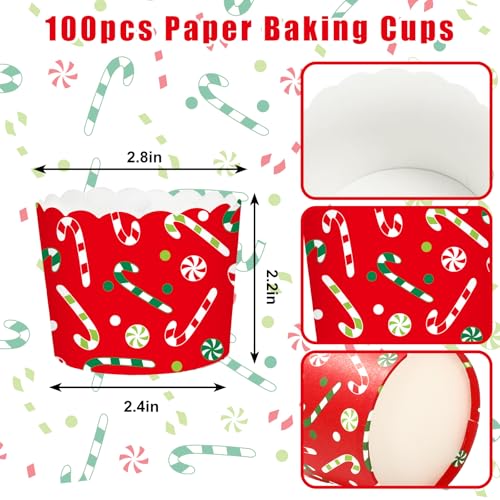 100Pcs Christmas Paper Baking Cups Red Green Candy Cane Cupcake Wrappers Scalloped Edge Cupcake Muffin Cases for Xmas Winter Holiday Party Dessert Decoration (Christmas Candy Cane)