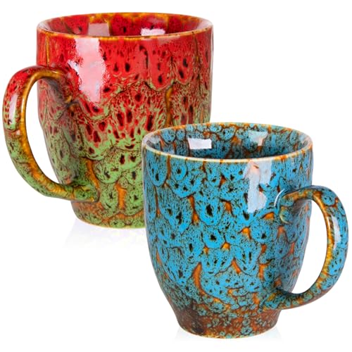 16 oz Ceramic Coffee Mugs Set of 2 (Blue, Red & Green)