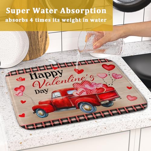 Valentine's Day Truck Dish Drying Mat 16x18 inch Love Heart Washable Absorbent Dishes Pad Dish Drainer Mat for Kitchen Counter Sink Coffee (Love Heart Truck / 16 x 18 inch)