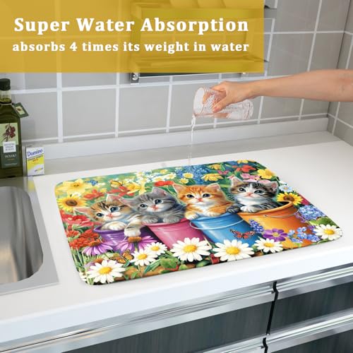 Lovely Cat Drying Mat for Kitchen Counter Colorful Flower Absorbent Coffee Bar Mat 18 X 24 (colorful Lovely Cat / 24" x 18")