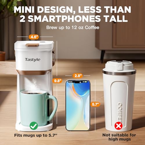 Mini Single Serve Coffee Maker for K Cups and Grounds with Handle (White and Brown)