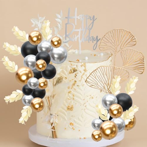 57Pcs Purple Balls Cake Topper Boho Grass Cake topper Pearl Balls Acrylic Happy Birthday Cake Decorations for Wedding Baby Shower Birthday Boho Themed Party Supplies Black Gold Silver (Black Gold Silver)