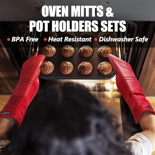 Silicone Oven Mitts and Pot Holders Sets (Red)