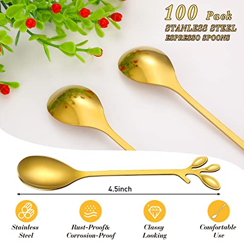 100 Pcs Demitasse Espresso Spoons Tea Spoon Bulk 4.33" (Gold / Leave)
