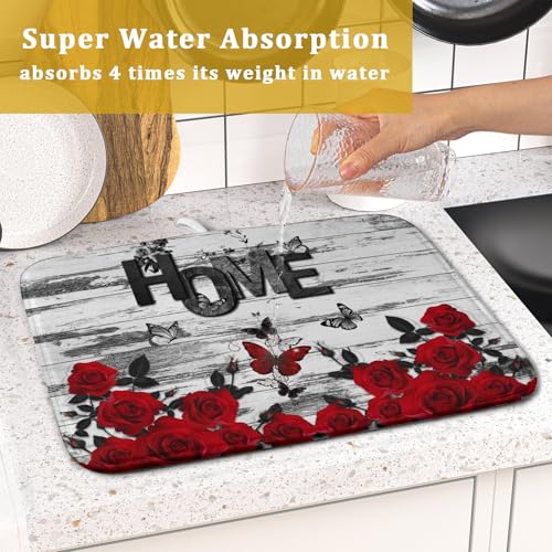 Red Rose Dish Drying Mat 16x18 inch Romantic Floral Absorbent Microfiber Sink Counter Dishware Drainer Pad for Kitchen Coffee Bar Decor (Red Rose / 16 x 18 inch)