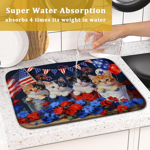 4th of July Dish Drying Mat Patriotic Cats Dish Drying Rack Mat for Kitchen Counter Small (Patriotic Cat Blue / 18" x 16")