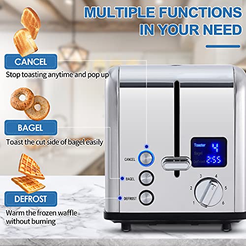 2 Slice Stainless Steel Toaster with Digital LED Display (Silver Stainless Steel / 2 Slice)
