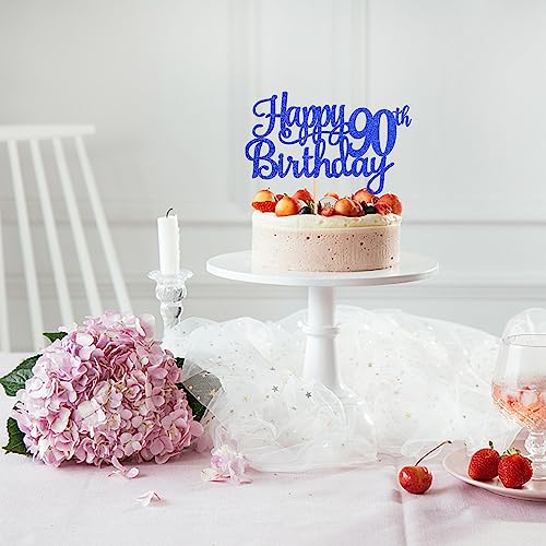1 PCS Happy 90th Birthday Cake Topper Glitter Cheers to 90 Years Birthday Cake Pick Ninety 90 Fabulous Cake Decoration for Happy 90th Birthday Theme Party Decorations Supplies Blue (Blue / 90th)