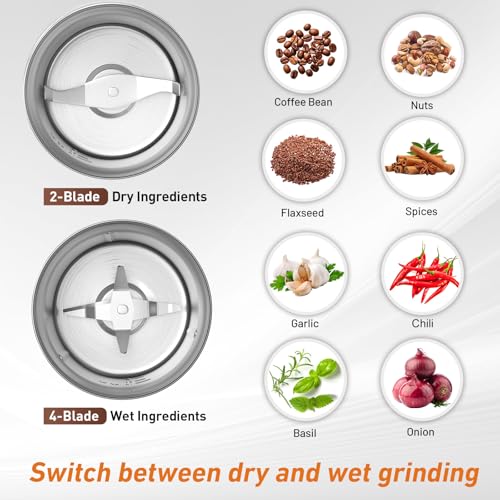 Electric Coffee and Spice Grinder (Stainless / 2 removable bowl)