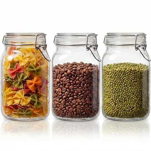 50oz Large Square Glass Jars with Airtight Lids (Square-50OZ Set-3 Pack)
