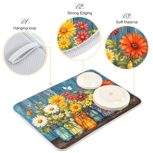 Daisy Flowers Vases Butterfly Dish Drying Mat for Kitchen Counter Absorbent Microfiber Drying Pad (16" x 18")