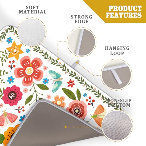 Colorful Boho Floral Dish Drying Mat 18x24 Inch Dishes Dry Pad Drainer Rack Mats Absorbent Hanging Loop Kitchen Counter Bar Accessories (White Boho Floral / 24" x 18")