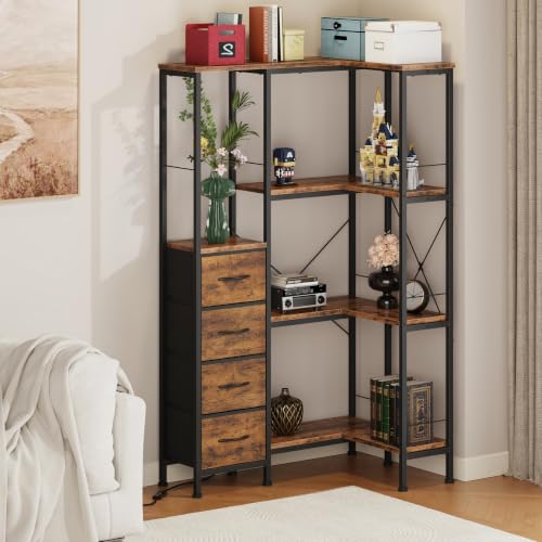 4 Tier Corner Bookshelf with LED Light Strips (Rustic Brown / 4 Tier)