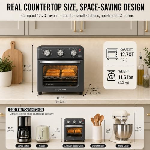 6-in-1 Retro Air Fryer Toaster Oven Combo, Compact 12.7 QT Small Countertop Convection Oven, Fits 9" Pizza & 4 Toast, Hexagon Hybrid Heating, Enamel Baking Pan Included, Dark Grey Color (12.7-QT Dark Grey Color)