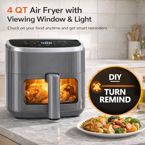8-in-1 Air Fryer 4 Qt, Digital Preset Airfryer with Visible Window, Nonstick and Dishwasher-Safe Basket for Chips, Bake, Wings, 60-Min Timer, 1500W, Gray (Gray-4 Qt / 4 Qt)