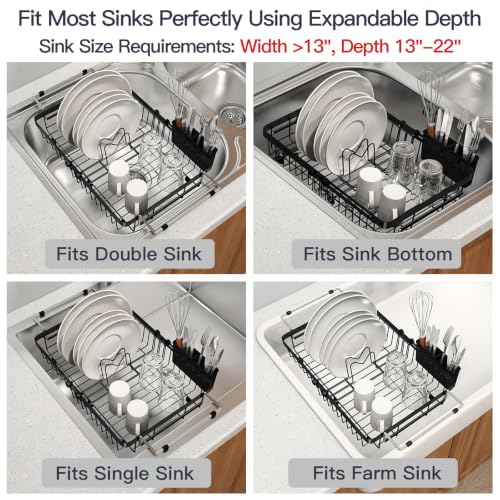 Expandable Dish Drying Rack Over Sink with Extra Drying Mat (Black / For 13"-30" W Sink with Mat)