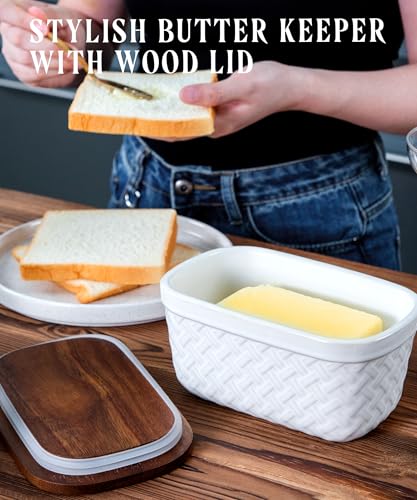 Ceramic Butter Dish with Wood Lid for Countertop