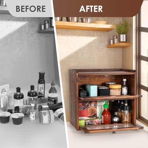 Bread Box for Kitchen Countertop Wooden Bread Storage Container Bin 2 Layer Breadbox Holder Large Capacity Keeper Vintage Farmhouse Food Organizer Pantry Shelf Acrylic Window (Brown)