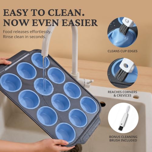 2 Pack 12 Cup and Mini 24 Cup Silicone Muffin Pans for Baking with Metal Frame (Blue / 12-Cup + 24-Cup Set)