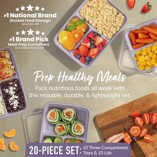 Prep 3 Compartment Meal Prep Containers with Lids (Lilac)