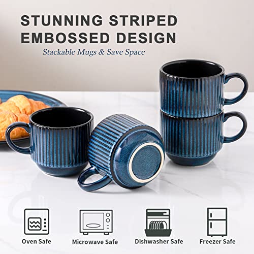 15 Oz Ribbed Stackable Coffee Mug Set of 4 (Navy / 15 Ounces)