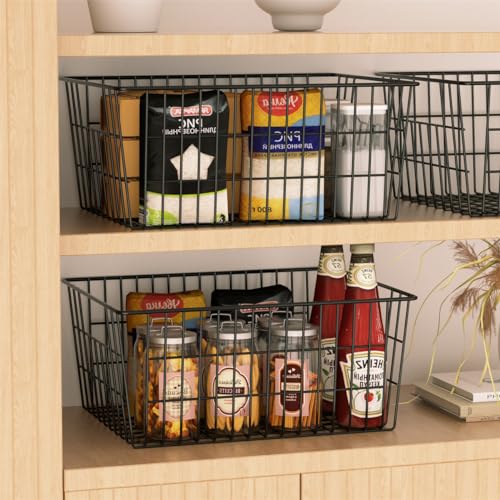 Freezer Baskets Metal Storage Organizer Bin Basket Wire Storage Basket for Kitchen Pantry Bathroom Large Metal Farmhouse Food Fruit Produce Organizer Bins (2-P / Black)