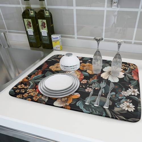 Vintage Floral Dish Drying Mat 18x24 inch Boho Flower Drainer Mats Fast Dry Absorbent Washable Dish Rack Pad Protector Kitchen Accessories (Vintage Floral / 18 x 24 inch)