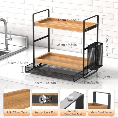 2 Tier Spice Rack Organizer for Countertop with Drawer and Basket