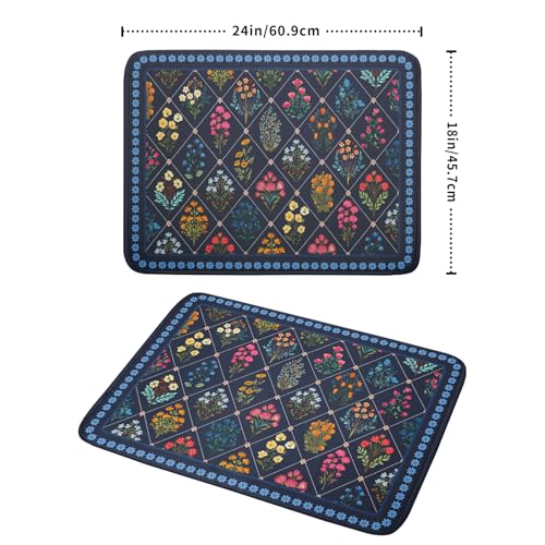 Machine Washable Dish Drying Mat for Kitchen Counter Blue Florals (Wildflowers Dark Blue / 24" x 18")