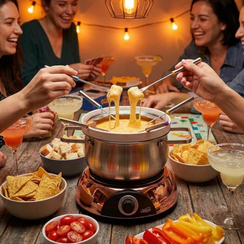 Electric Fondue Pot Set for Cheese (C. Stainless Steel/Ceramic Pots, Rose-gold Base)