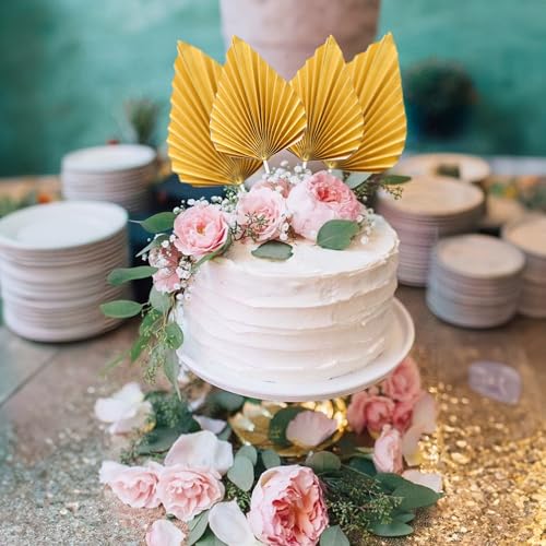6Pcs Paper Palm Fan Cake Toppers Palm Leaf Fan Cake Topper Palm Spear Leaf Cupcake Toppers Cake Insert Decoration For Cake Decorating Diy Craft Project Home Wedding Party Supplies Gold (Gold)